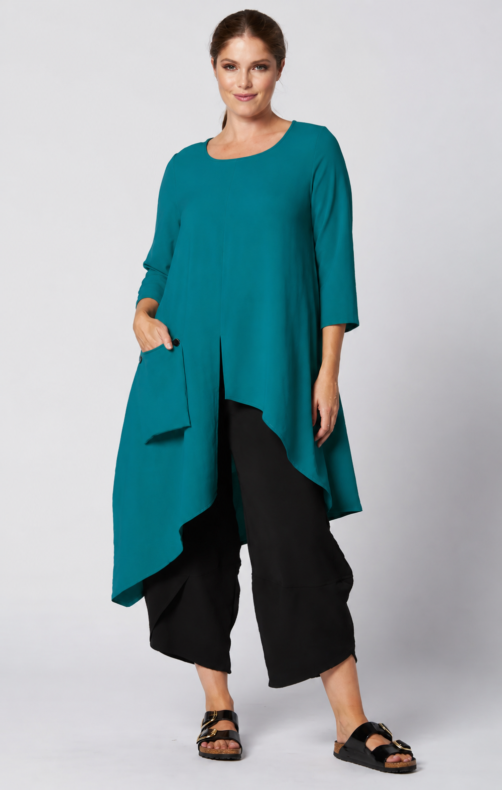 Sydney Project Ashley 3/4 Sleeve Asymmetric Hem Long Shirt w/ Front Pocket - AFT8024 - TURQUOISE