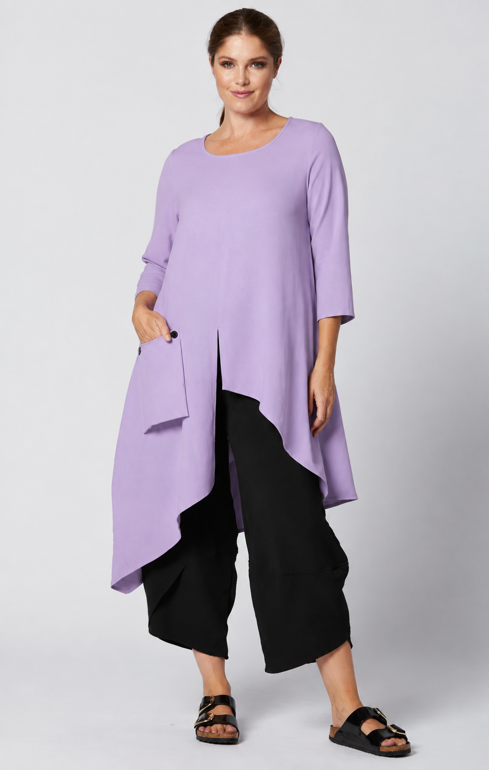 Sydney Project Ashley 3/4 Sleeve Asymmetric Hem Long Shirt w/ Front Pocket - AFT8024 - LAVENDER