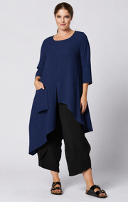 SSydney Project Ashley 3/4 Sleeve Asymmetric Hem Long Shirt w/ Front Pocket - AFT8024 - NAVY
