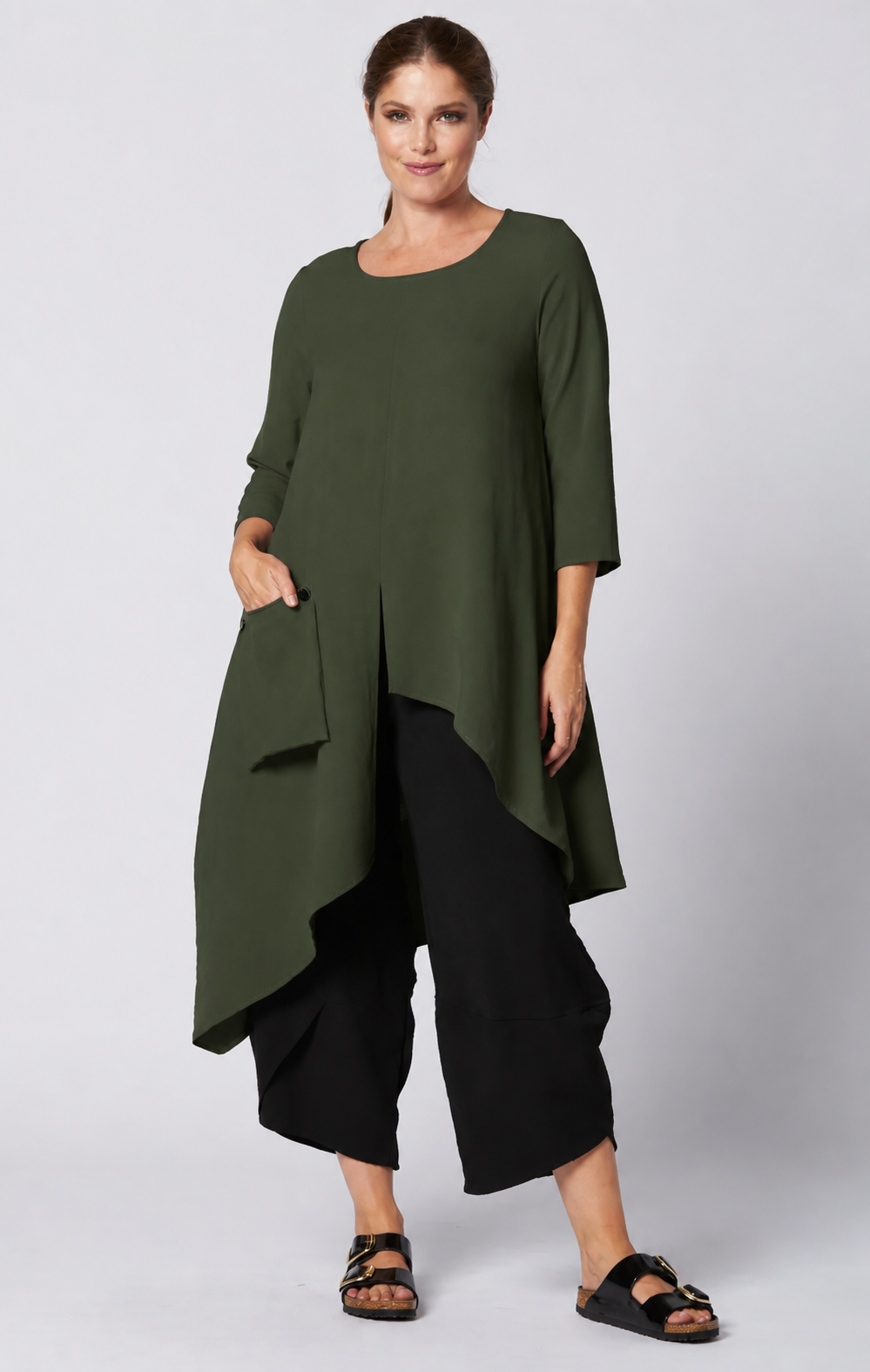 Sydney Project Ashley 3/4 Sleeve Asymmetric Hem Long Shirt w/ Front Pocket - AFT8024 - OLIVE