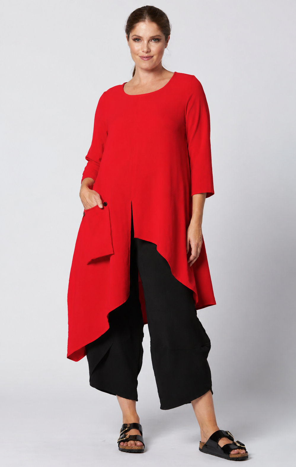 Sydney Project Ashley 3/4 Sleeve Asymmetric Hem Long Shirt w/ Front Pocket - AFT8024 - RED