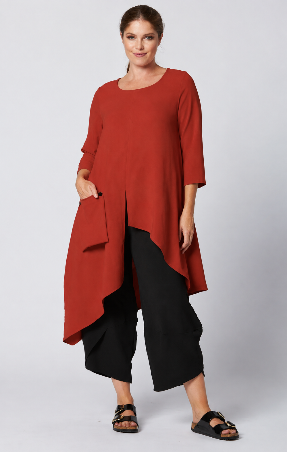 Sydney Project Ashley 3/4 Sleeve Asymmetric Hem Long Shirt w/ Front Pocket - AFT8024 - RUST