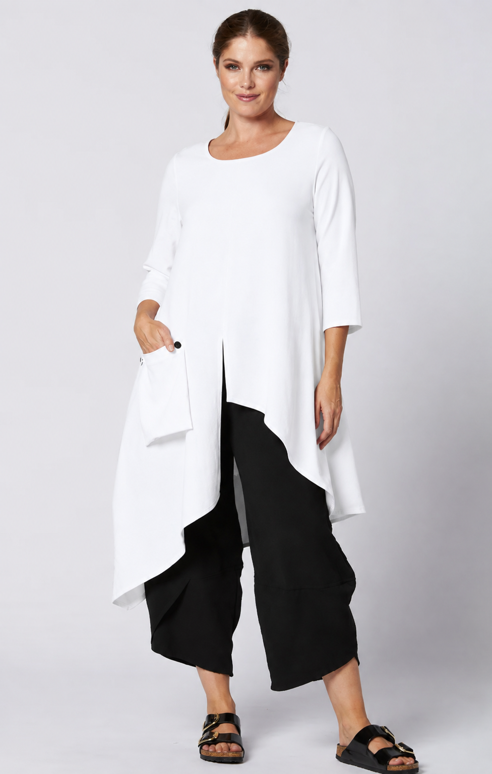 Sydney Project Ashley 3/4 Sleeve Asymmetric Hem Long Shirt w/ Front Pocket - AFT8024 - WHITE