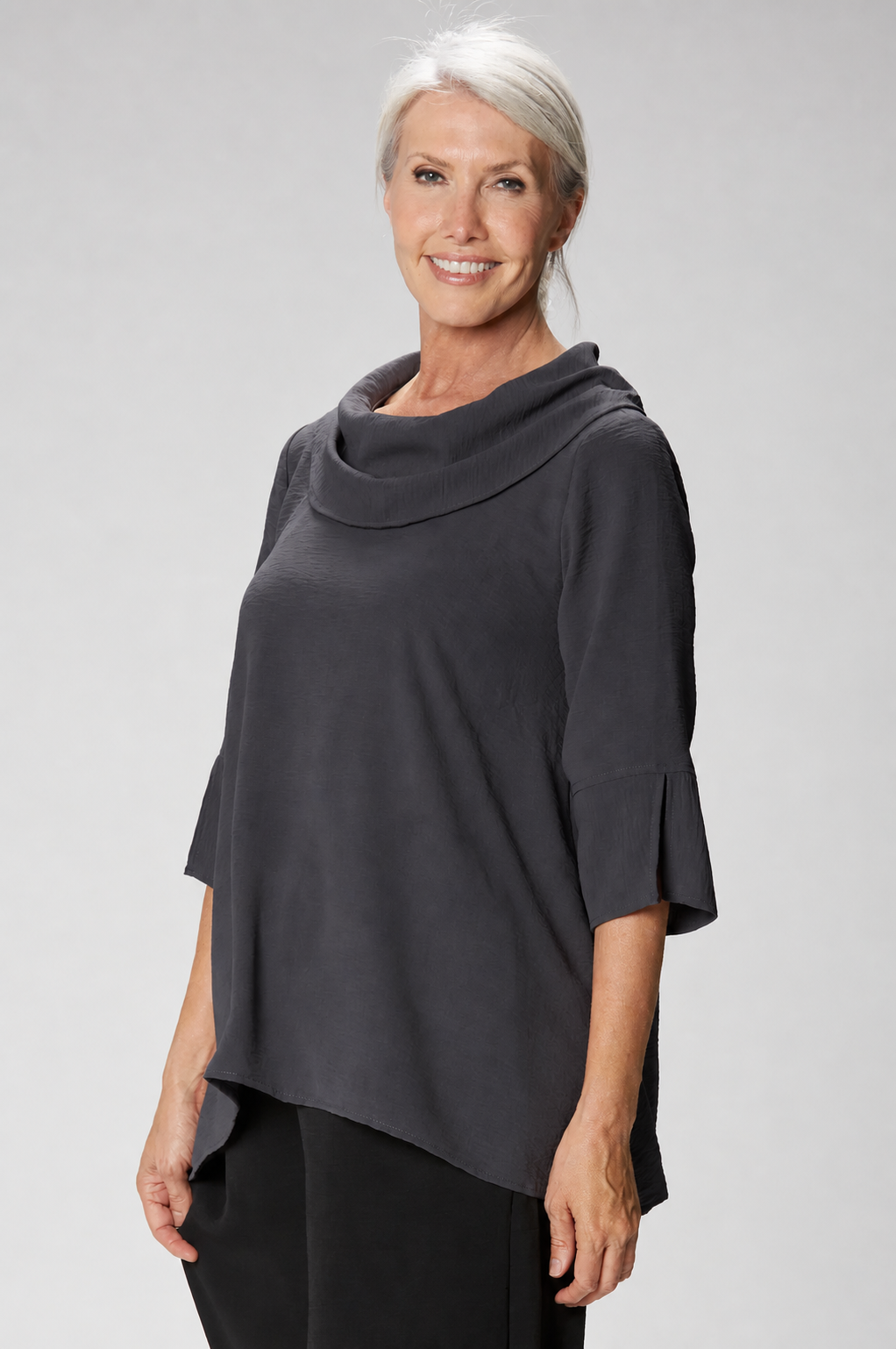 Sydney Project Vicki Cowl Neck 3/4 Sleeve Flowy Top - AFT1048 - CHARCOAL