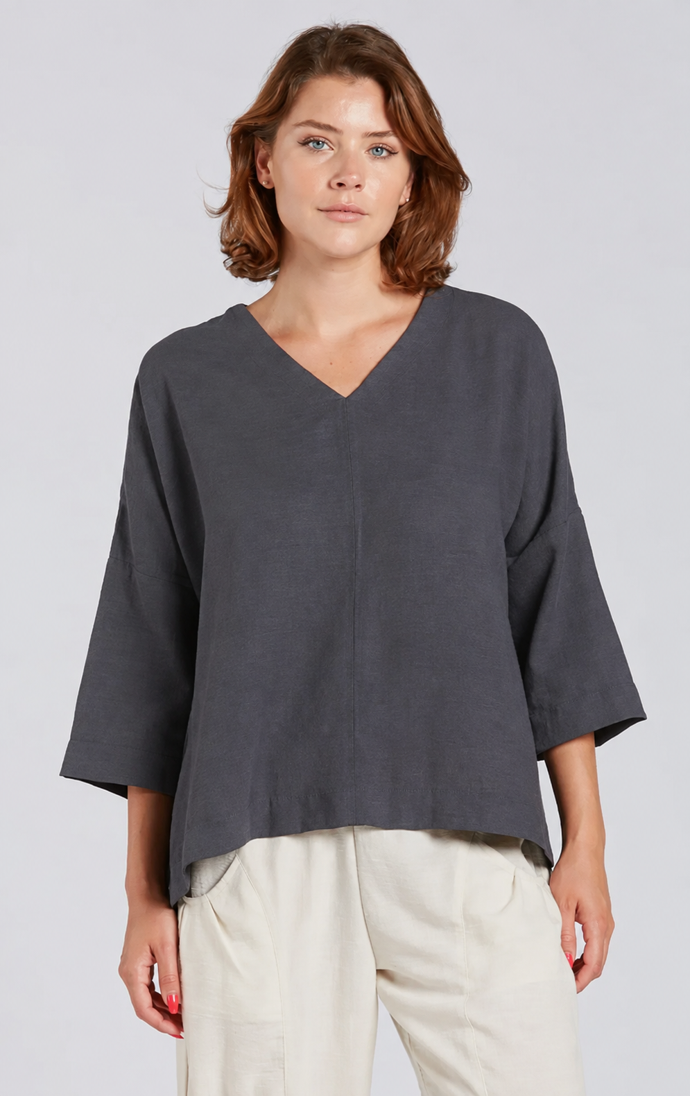 Sydney Project Vivian Long Sleeve V-Neck Flowy Top - AFT8004 - CHARCOAL