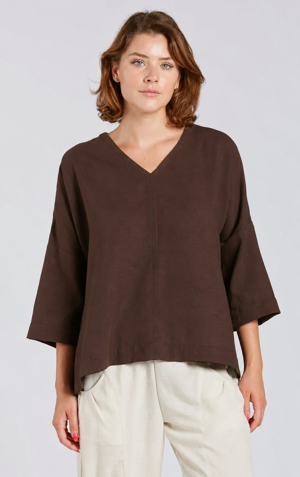 Sydney Project Vivian Long Sleeve V-Neck Flowy Top - AFT8004 - CHOCOLATE