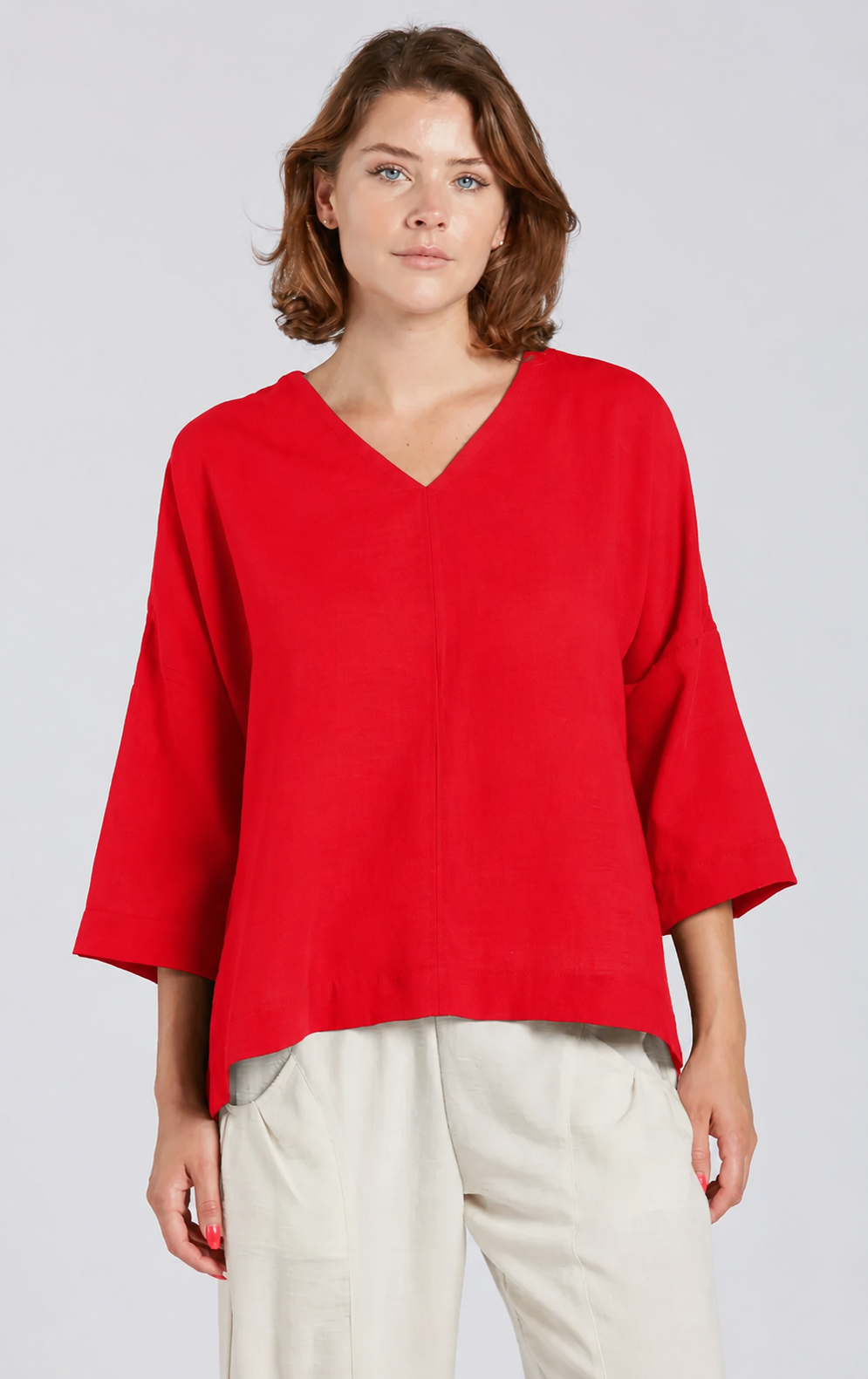 Sydney Project Vivian Long Sleeve V-Neck Flowy Top - AFT8004 - RED
