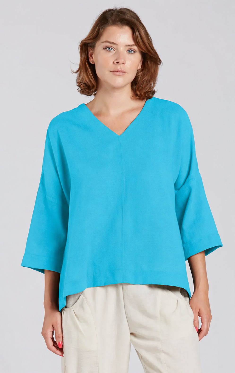 Sydney Project Vivian Long Sleeve V-Neck Flowy Top - AFT8004 - TURQUOISE