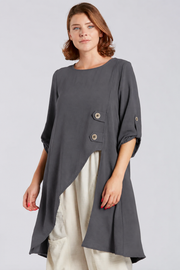 Sydney Project Alissa 1/2 Sleeve Asymmetric Two Button Round Neck Top - AFT1141 - CHARCOAL