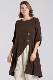 Sydney Project Alissa 1/2 Sleeve Asymmetric Two Button Round Neck Top - AFT1141 - CHOCOLATE