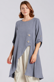 Sydney Project Alissa 1/2 Sleeve Asymmetric Two Button Round Neck Top - AFT1141 - GREY
