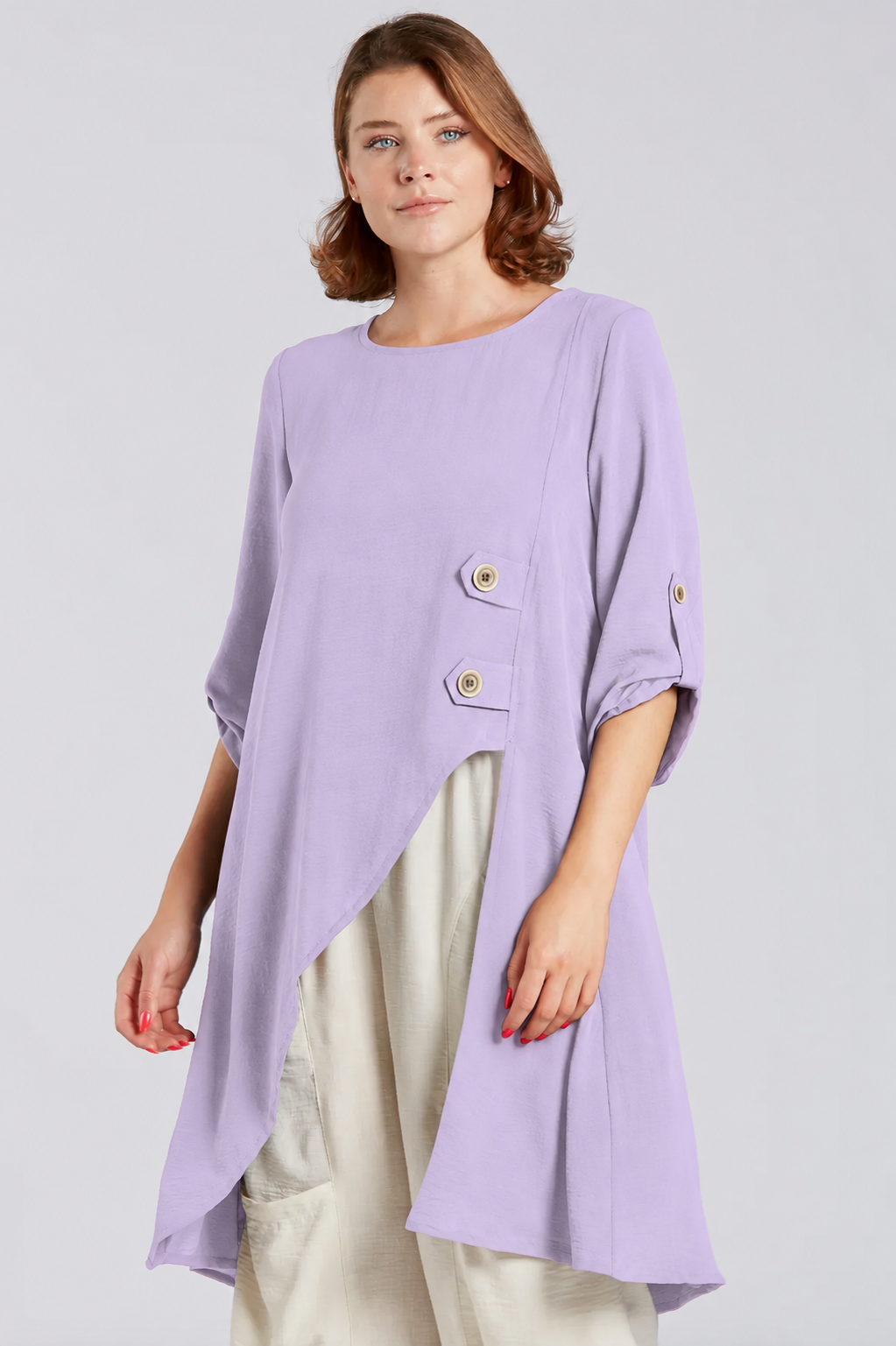 Sydney Project Alissa 1/2 Sleeve Asymmetric Two Button Round Neck Top - AFT1141 - LAVENDER