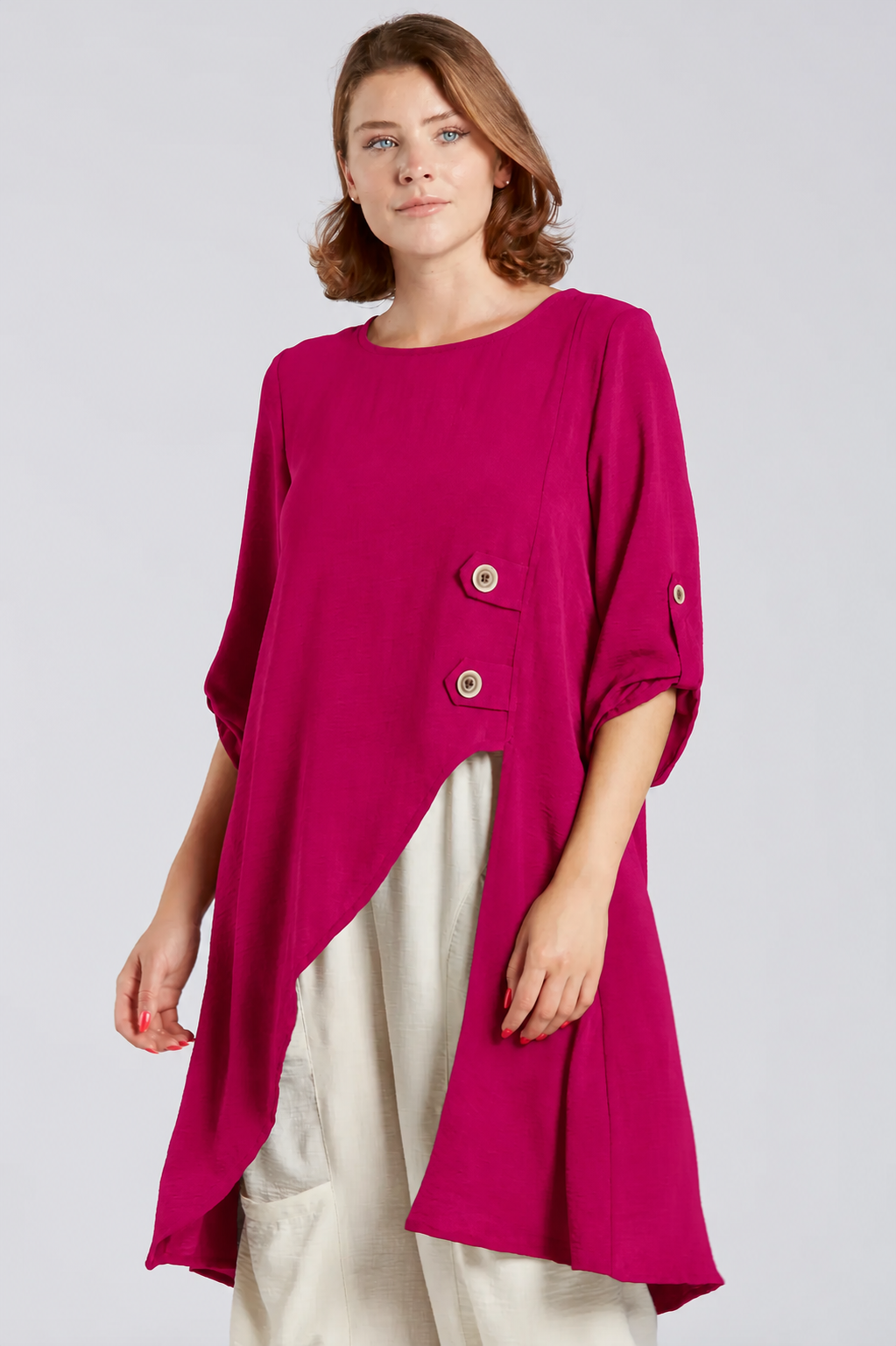 Sydney Project Alissa 1/2 Sleeve Asymmetric Two Button Round Neck Top - AFT1141 - MAGENTA