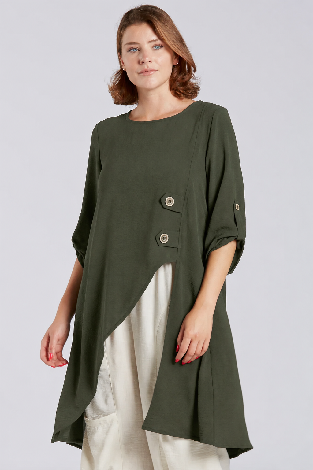 Sydney Project Alissa 1/2 Sleeve Asymmetric Two Button Round Neck Top - AFT1141 - OLIVE
