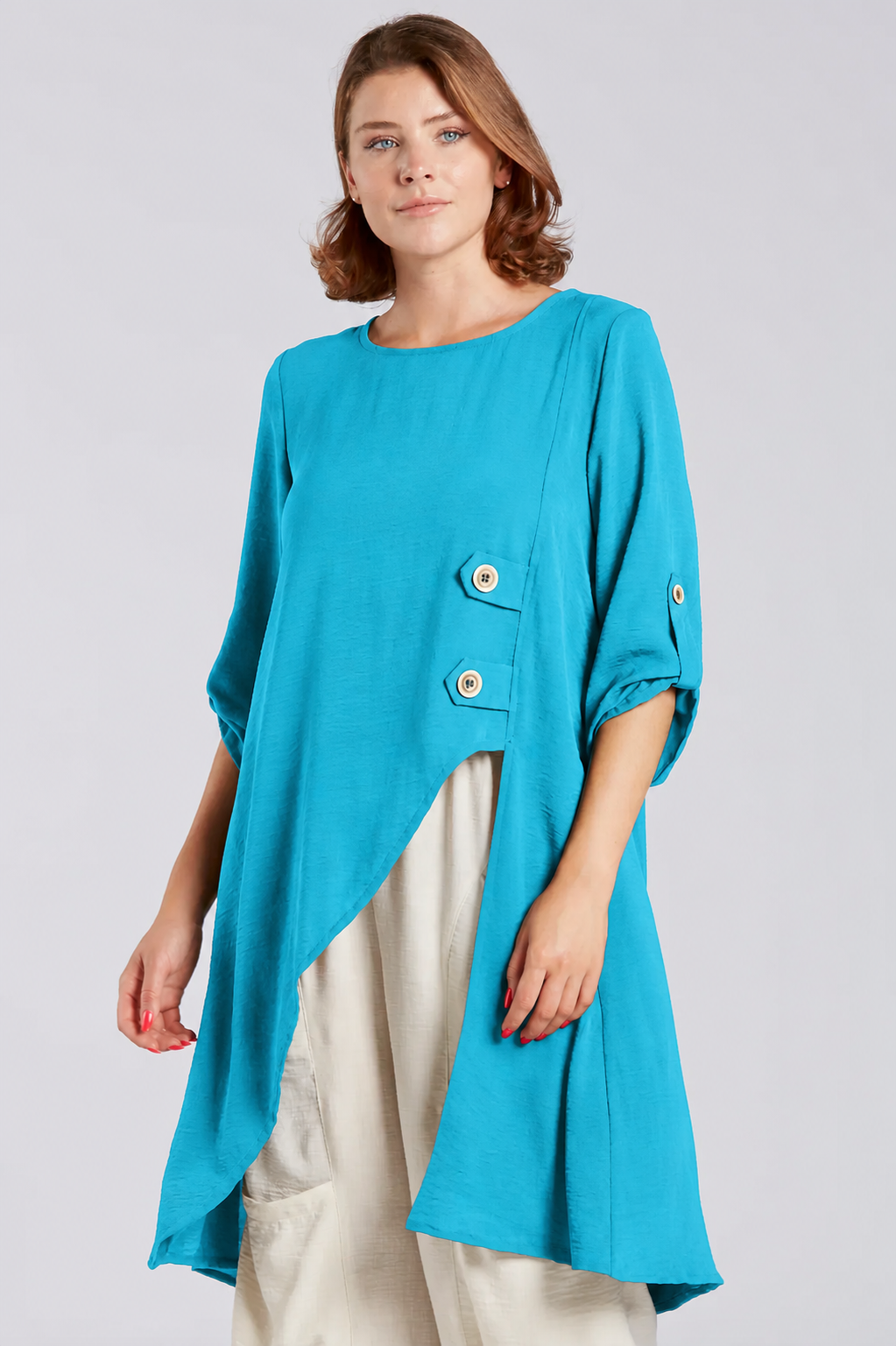 Sydney Project Alissa 1/2 Sleeve Asymmetric Two Button Round Neck Top - AFT1141 - TURQUOISE