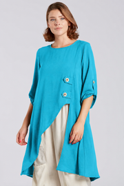 Sydney Project Alissa 1/2 Sleeve Asymmetric Two Button Round Neck Top - AFT1141 - TURQUOISE