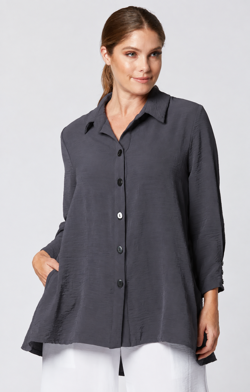 Sydney Project Shiloh Button Down Long Sleeve Collared Top - AFT1098 - CHARCOAL