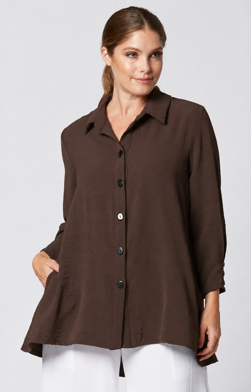 Sydney Project Shiloh Button Down Long Sleeve Collared Top - AFT1098 - CHOCOLATE