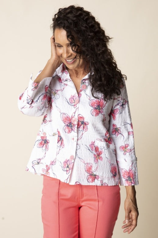 Habitat Crinkle Cotton Wildflowers Ruched Swing Jacket - 39821 - CORAL