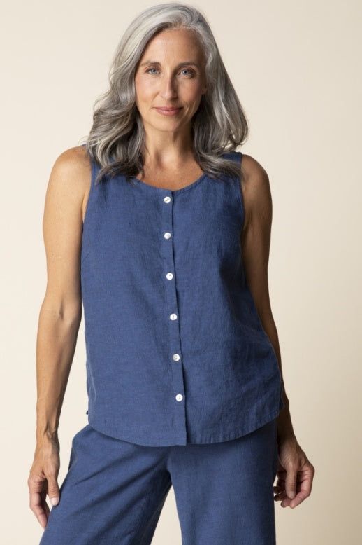 Habitat Linen Solid Pleat Back Button Tank - 41506 - NAVY
