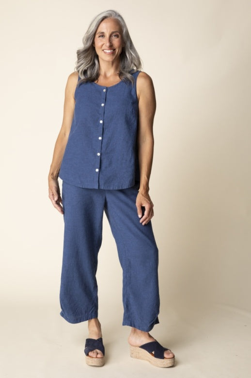 Habitat Linen Solid Pleat Back Button Tank - 41506 - NAVY