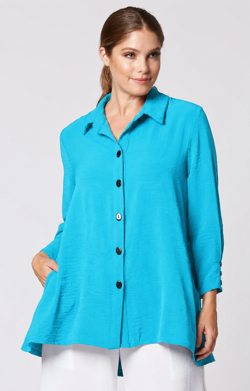Sydney Project Shiloh Button Down Long Sleeve Collared Top - AFT1098 - TURQUOISE