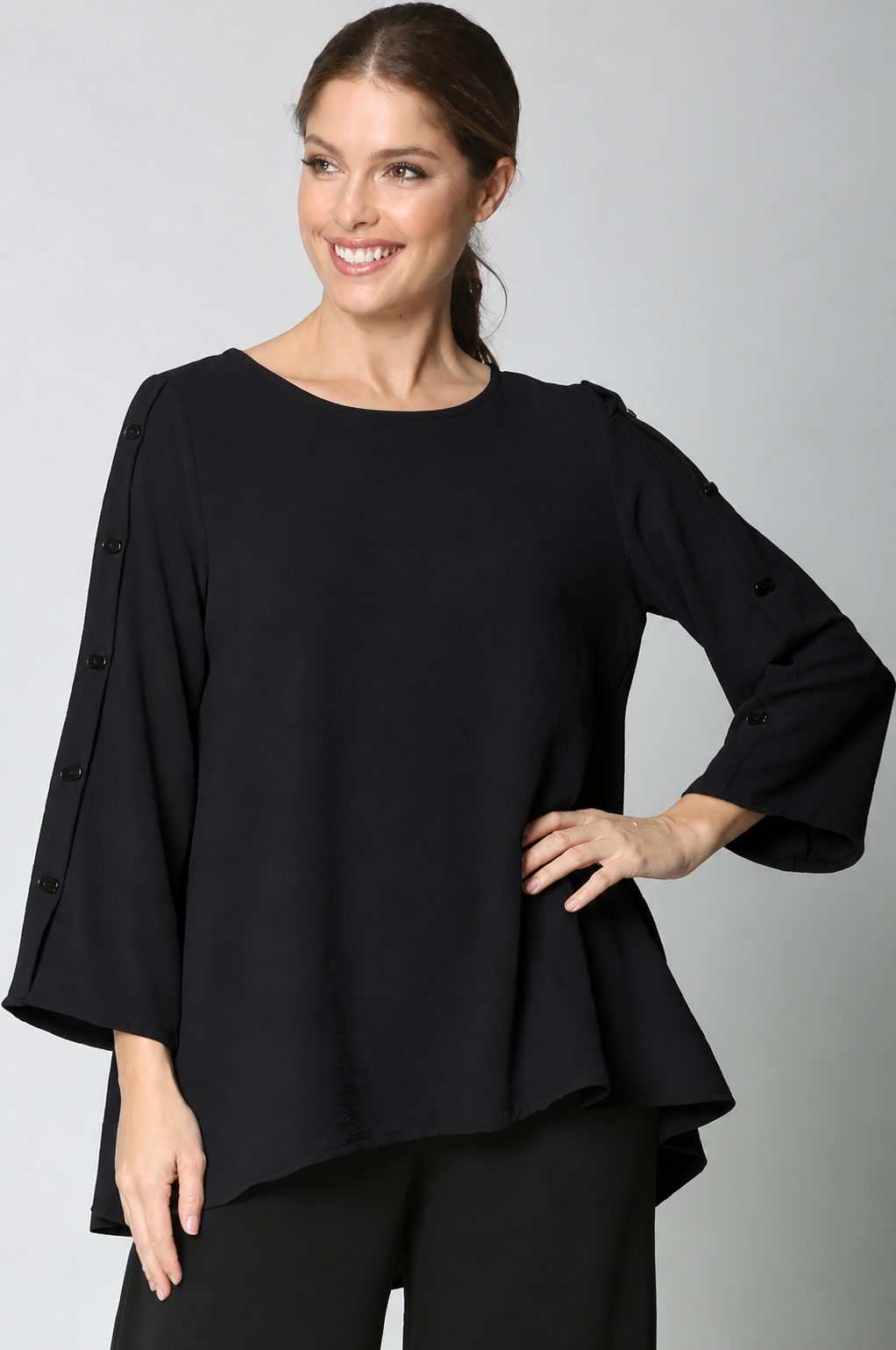 Sydney Project Bonnie Round Neck Long Sleeves w/ Buttons Top - AFT1050 - BLACK