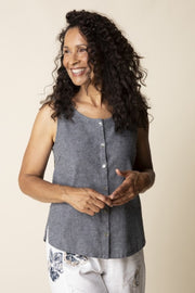 Habitat Linen Solid Pleat Back Button Tank - 41506 - BLACK