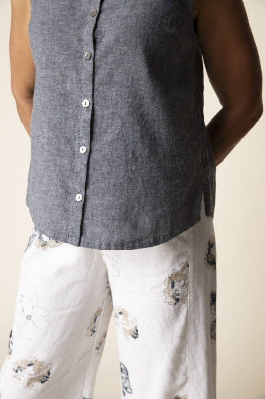 Habitat Linen Solid Pleat Back Button Tank - 41506 - BLACK