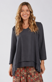 Sydney Project Vince V-Neck Double Hem Long Sleeve Top - AFT1127 - CHARCOAL