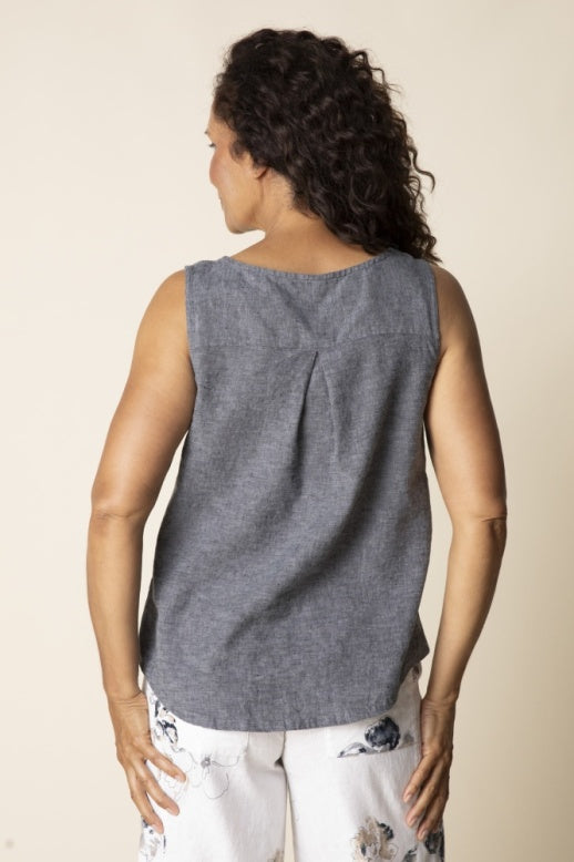 Habitat Linen Solid Pleat Back Button Tank - 41506 - BLACK