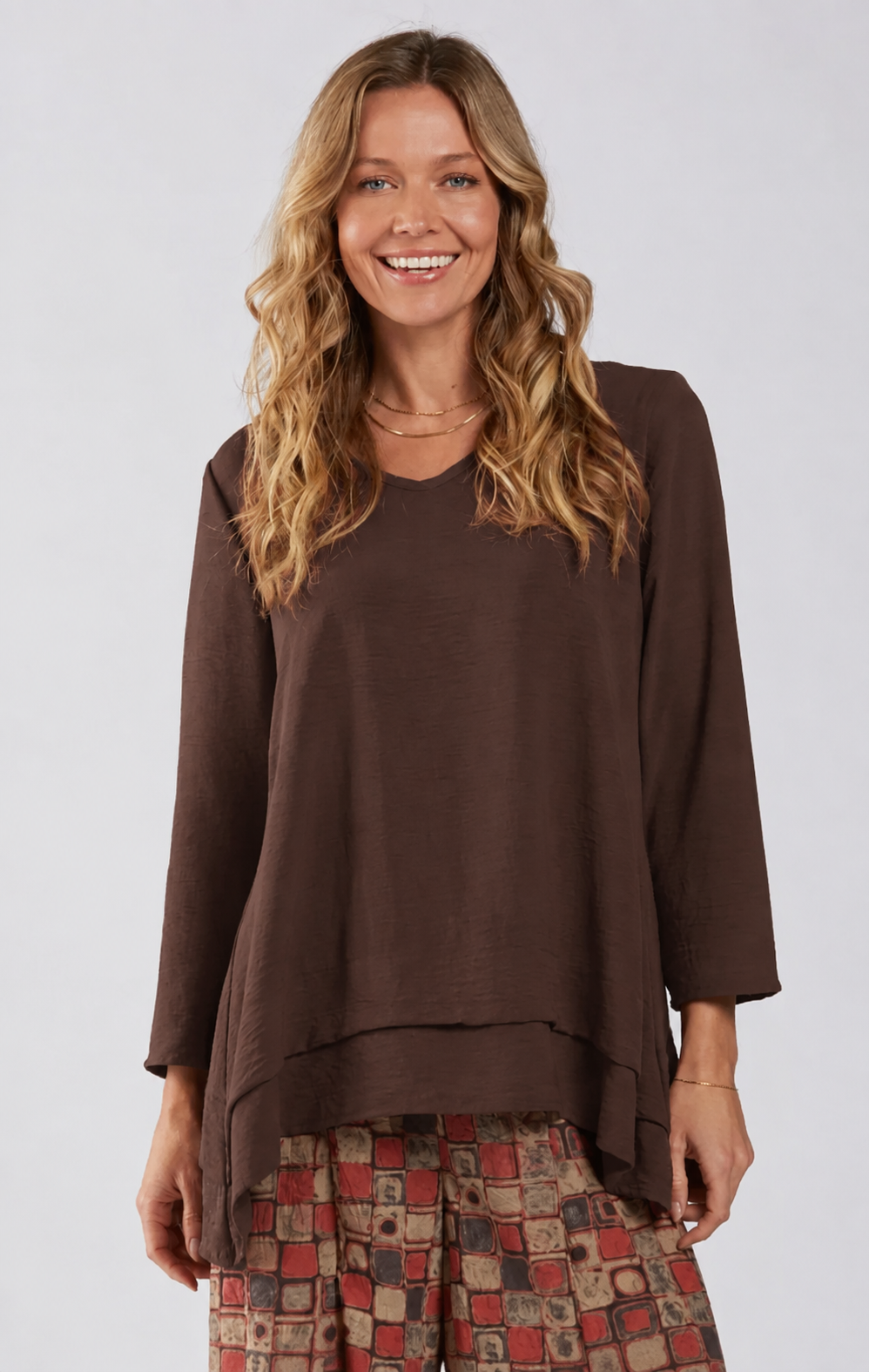 Sydney Project Vince V-Neck Double Hem Long Sleeve Top - AFT1127 - CHOCOLATE