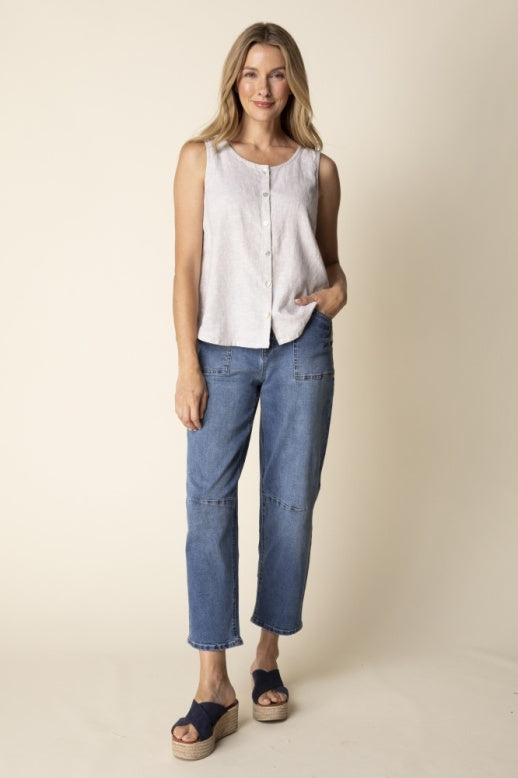 Habitat Linen Solid Pleat Back Button Tank - 41506 - OATMEAL
