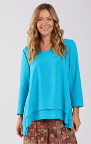 Sydney Project Vince V-Neck Double Hem Long Sleeve Top - AFT1127 - TURQUOISE