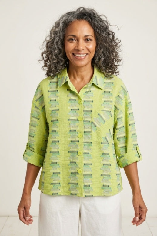 Habitat Embroidered Stripe Button Down Top - 49245 - AGAVE