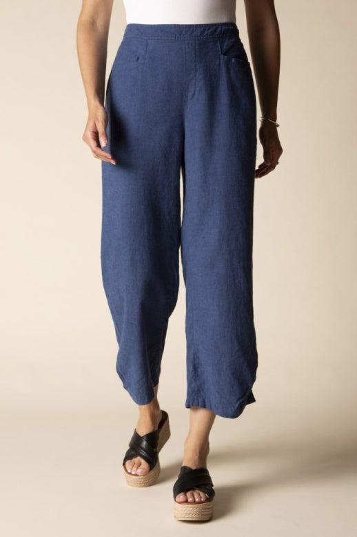 Habitat Linen Solid Pleat Button Capri - 41576 - NAVY