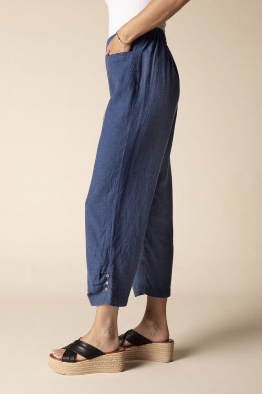 Habitat Linen Solid Pleat Button Capri - 41576 - NAVY