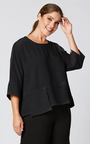 Sydney Project Peyton Round Neck 3/4 Sleeve Boxy Top w/ Front Pocket - AFT1121 - BLACK