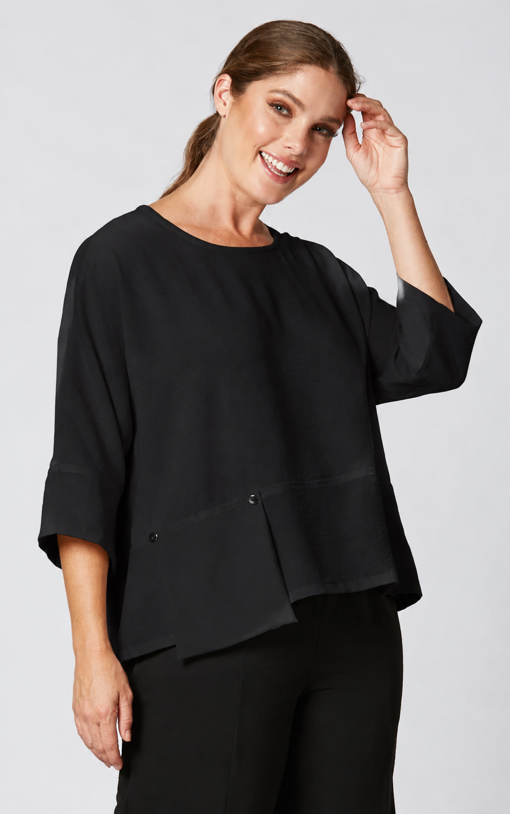 Sydney Project Peyton Round Neck 3/4 Sleeve Boxy Top w/ Front Pocket - AFT1121 - BLACK