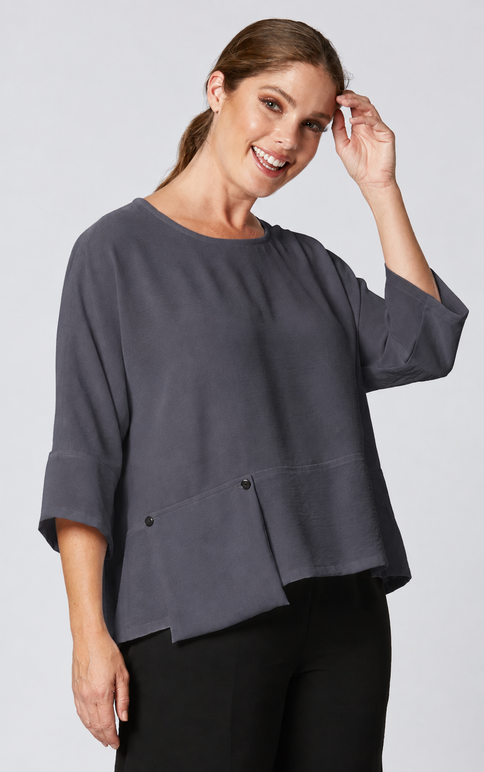 Sydney Project Peyton Round Neck 3/4 Sleeve Boxy Top w/ Front Pocket - AFT1121 - CHARCOAL