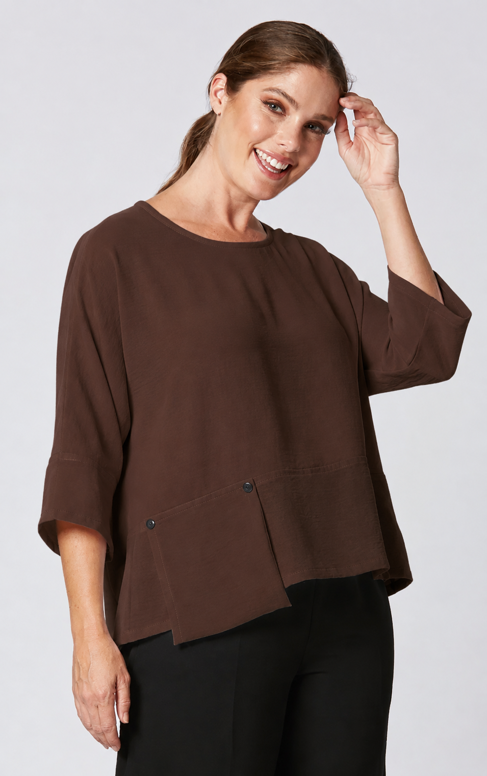 Sydney Project Peyton Round Neck 3/4 Sleeve Boxy Top w/ Front Pocket - AFT1121 - CHOCOLATE