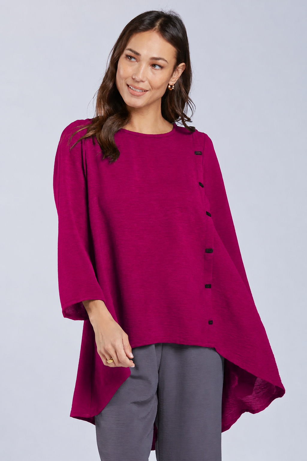 Sydney Project Sienna Solid Asymmetrical Button Air Flow Hi-Low Top - AFT1082 - MAGENTA
