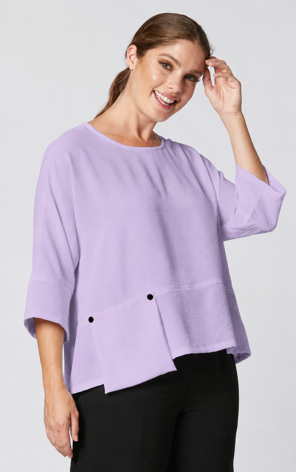 Sydney Project Peyton Round Neck 3/4 Sleeve Boxy Top w/ Front Pocket - AFT1121 - LAVENDER