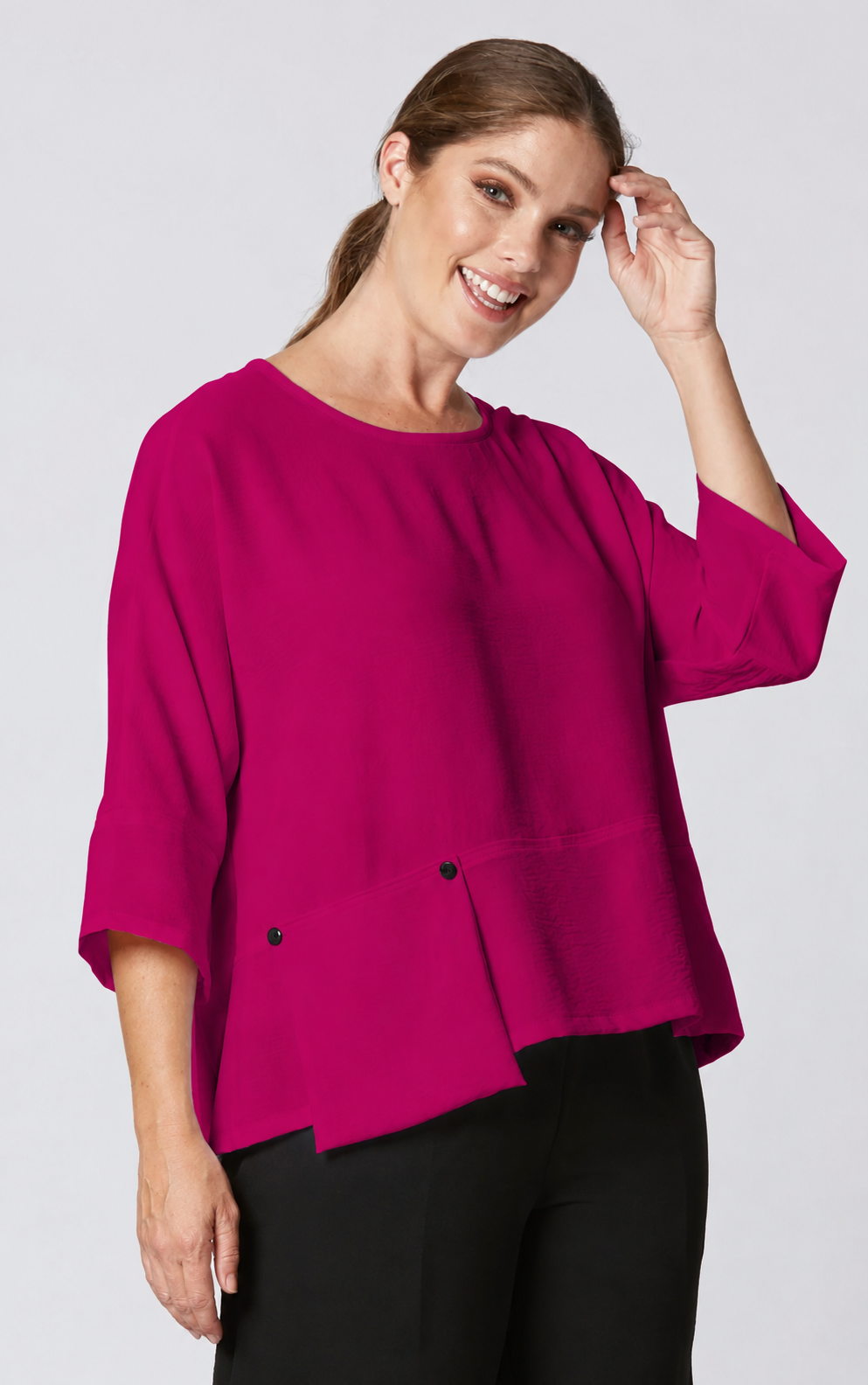 Sydney Project Peyton Round Neck 3/4 Sleeve Boxy Top w/ Front Pocket - AFT1121 - MAGENTA