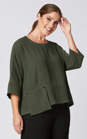 Sydney Project Peyton Round Neck 3/4 Sleeve Boxy Top w/ Front Pocket - AFT1121 - OLIVE