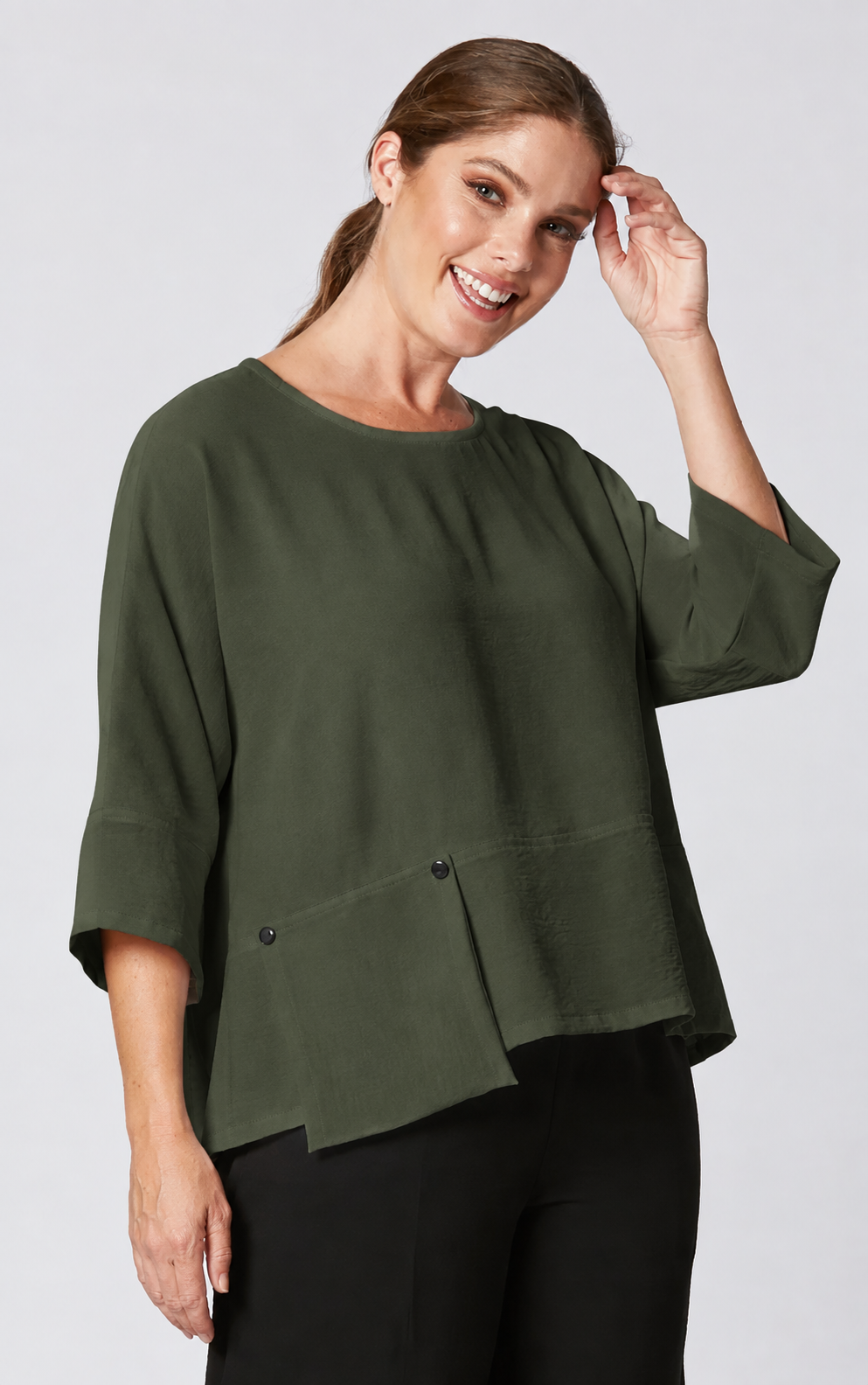 Sydney Project Peyton Round Neck 3/4 Sleeve Boxy Top w/ Front Pocket - AFT1121 - OLIVE