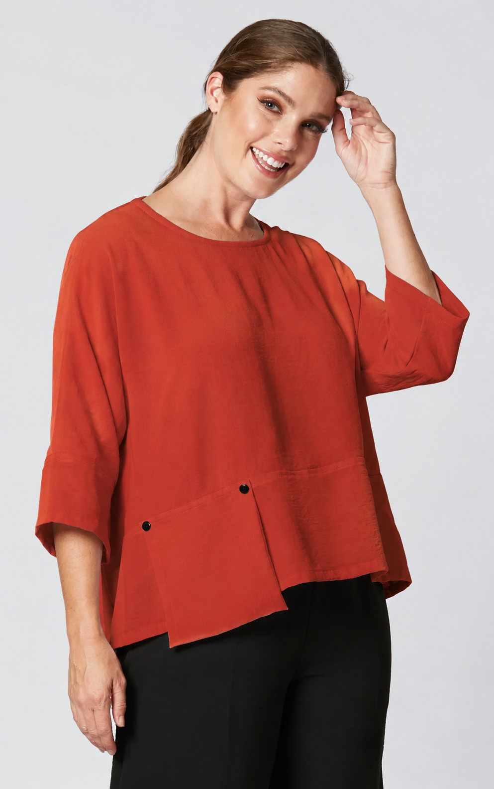 Sydney Project Peyton Round Neck 3/4 Sleeve Boxy Top w/ Front Pocket - AFT1121 - RUST