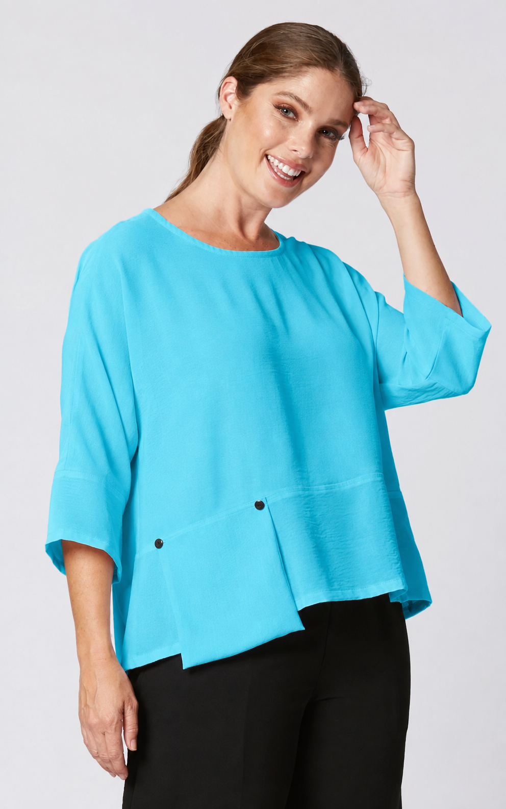 Sydney Project Peyton Round Neck 3/4 Sleeve Boxy Top w/ Front Pocket - AFT1121 - TURQUOISE