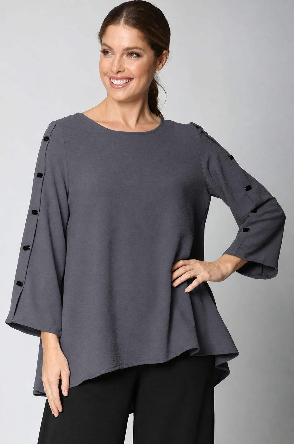 Sydney Project Bonnie Round Neck Long Sleeves w/ Buttons Top - AFT1050 - CHARCOAL