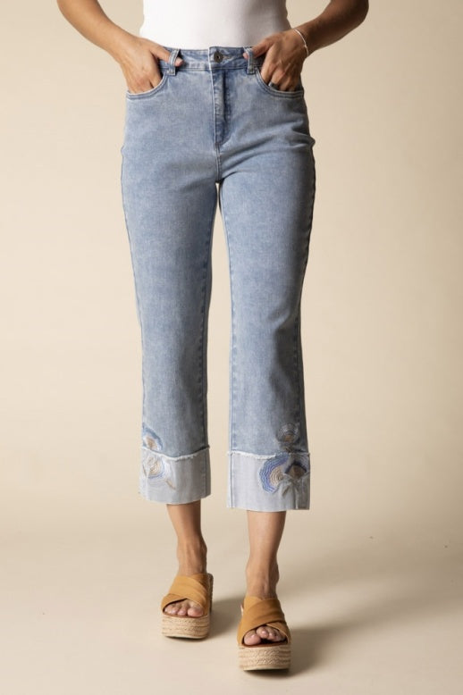 Habitat Stretch Denim Embroidered Cuff Capri - 11474 - LIGHT DENIM